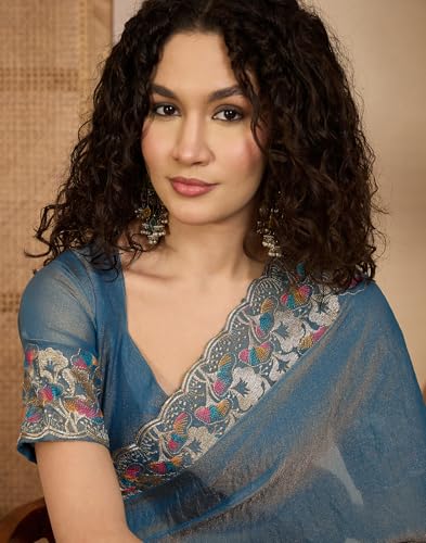 Image of SIRIL Women's Shimmer Georgette Scalloped Border Sequins Embroidery Saree with Unstitched Blouse Piece