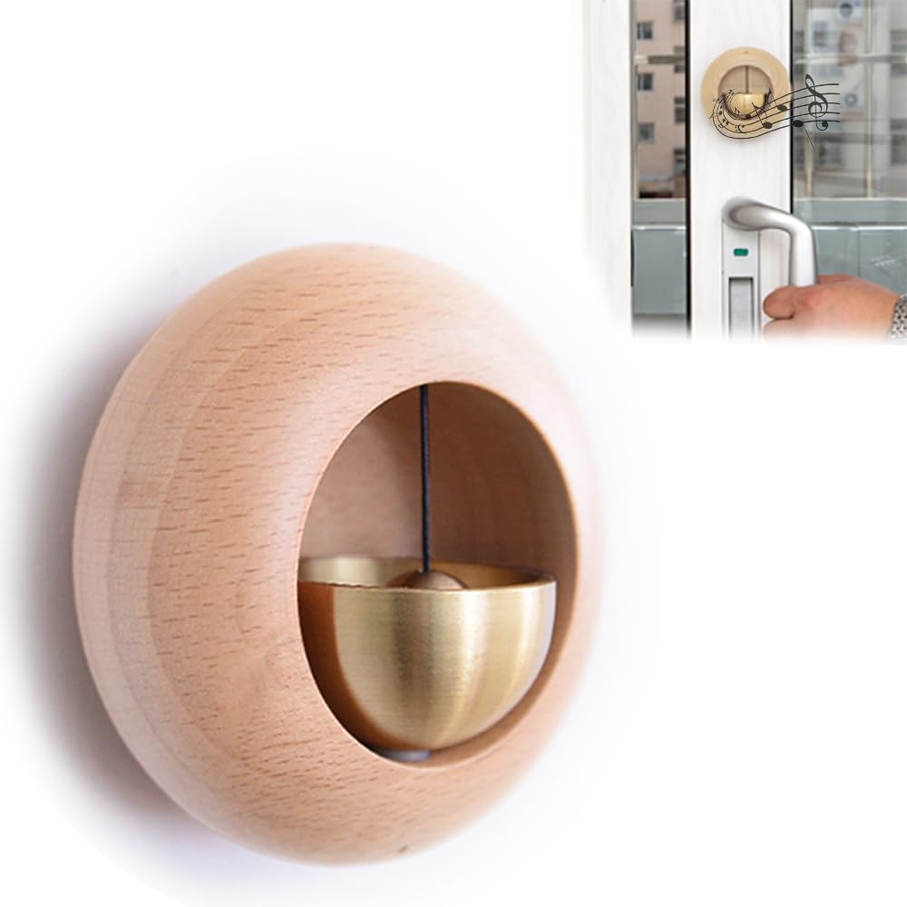 ZOTIMO Traditional Japanese Style Round Small Brass Bell Dopamine Wireless Wooden Doorbell for Front Door Entry Alert - Ideal for Shopkeepers & Office Hanging Decoration Chime at Home Entrance