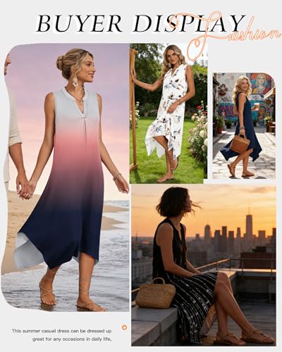 Image of AUSELILY Womens Summer Midi Dress V Neck Sleeveless Casual with Pockets | Flowy womens summer dress with asymmetrical hem, great for beach, vacation and daily wear