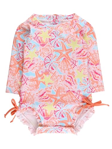 Image of RuffleButts Baby Girls UPF 50+ Sun Protection Floral Printed Long Sleeve One Piece Rash Guard Swimsuit with Zipper