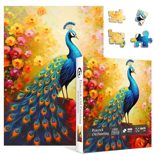 Image of Vintage Peacock Puzzles for Adults 1000 Pieces, Colorful Bird Art Garden Jigsaw Puzzles, Gradient Flower Animal Puzzles as Peacock Decor