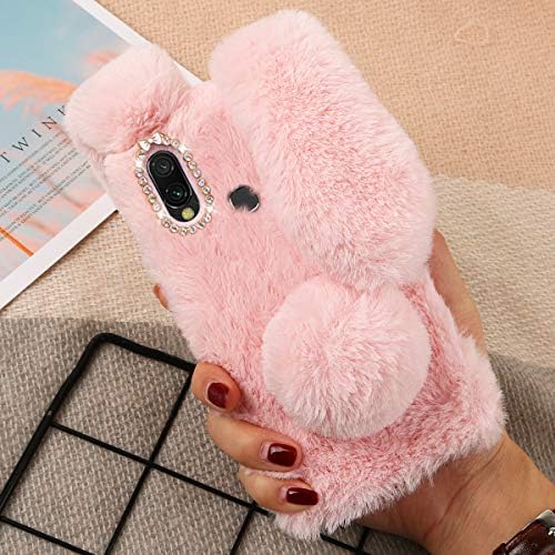 Mikikit Pink Plush Bunny Furry Phone Case for Samsung Galaxy A20e, Cute Stuffed Animal Plush Fluffy Case for girls gift, Soft cozy faux rabbit fur protective Cover for Galaxy A20e