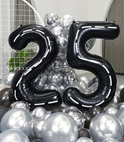 Image of Race Car 40Inch Black 25 Balloon Number Large Helium Race Track 0-9 Giant Digital 25th Foil Mylar Big Party Number Balloons for Boy Birthday Car Theme Party Anniversary Graduation Decorations