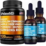 PrimeMD 4-in-1 Liquid Biotin Collagen Keratin Saw Palmetto Drops (2 fl oz - 2 Pack) & 5-in-1 Organic