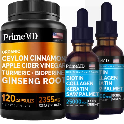 Primemd 4-In-1 Liquid Biotin Collagen Keratin Saw Palmetto Drops (2 Fl Oz - 2 Pack) & 5-In-1 Organic Ceylon Cinnamon With Apple Cider Vinegar, Turmeric, Ginseng Root Capsules (120 Capsules) Bundle #TOP21