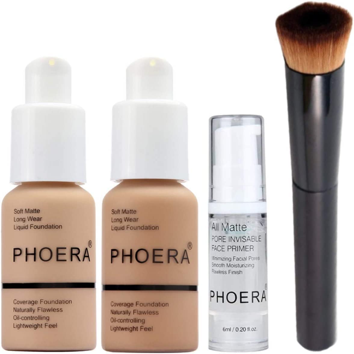 Phoera Foundation Full Coverage Make-up-Set – enthält Buff Beige & Sand 30 ml Matte Foundation, 6 ml Gesichtsprimer und flüssiger Foundation-Pinsel für einfache Anwendung