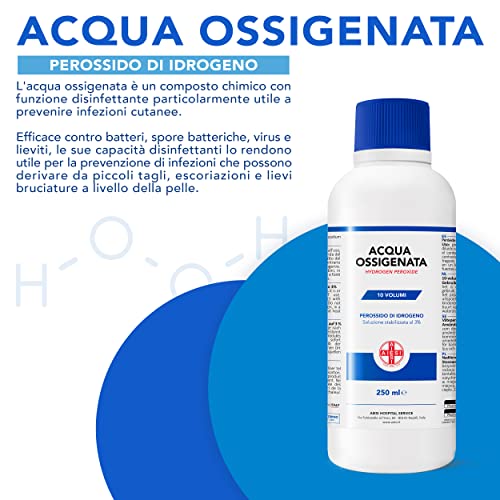 AIESI® Wasserstoffperoxid desinfektionsmittel Ph.Eur. lösung 3% 10 volumen mit kindersicherheitskappe flasche 250 ml (Packung mit 2 stück), Made in Italy