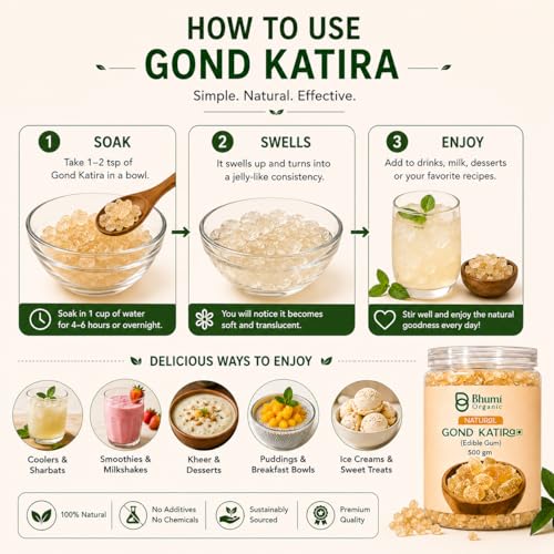 Image of Bhumi Organic Gond Katira (Tragacanth Gum), 500 GM | Natural Edible Gum for Summer Drinks, Body Cooling Ayurvedic Superfood, Gluten-Free