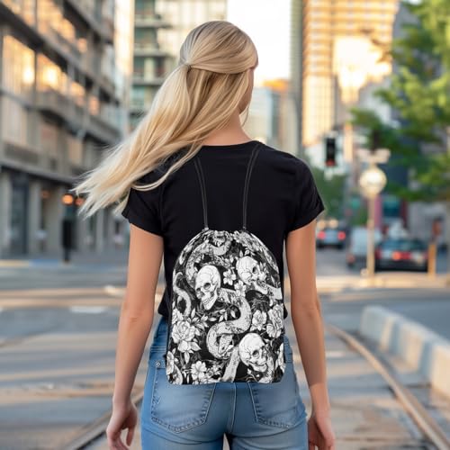 Image of jejeloiu Sugar Skull Drawstring Backpack 13x15.7inch Snake Boho Rose Waterproof Gym Drawstring Bags Goth Art Sports String Backpack Beach Swim Travel Bag Sackpack