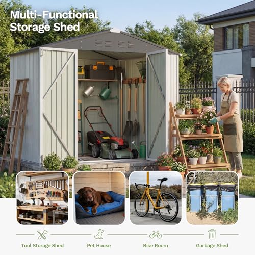 Image of Devoko 8 x 6 FT Storage Sheds with Floor Frame, Waterproof Garden Tool Shed with Lockable Door, Outdoor Metal Utility Shed for Backyard Patio Lawn, White