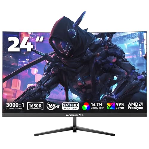 CronusPro Gaming Monitor 24 Zoll Curved (1650R), 165Hz, Full HD (1920x1080) VA, 1ms, AMD FreeSync, 3000:1, Adaptive Sync, HDR10, HDMI/DP Anschlüsse, PC Monitor Bildschirm, Anti-Blaulicht, Schwarz
