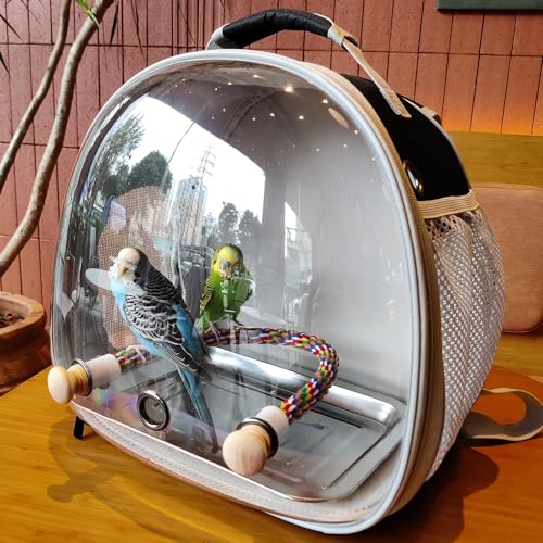 Image of Small Bird Travel Backpack Carrier Cage, Backpack to Transport Backpack Carrier with Metal Tray Stand Perch for Parakeet Cockatiel Budgies Vet Carry Book Bag Grey