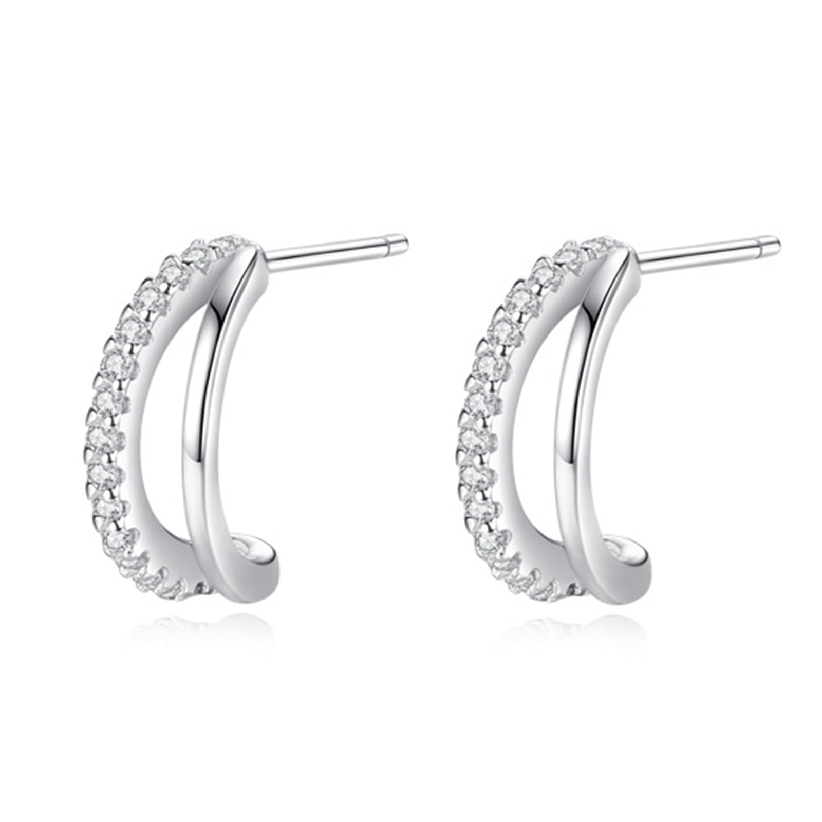 Orecchini a perno in platino 950, da donna, a doppio strato, a forma di C con diamante, senza allergie, per donne
