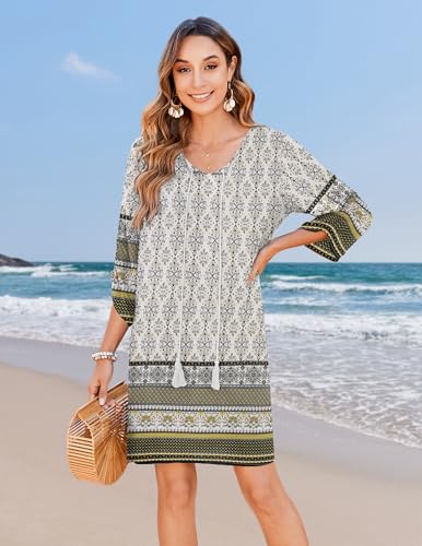 Image of Zeagoo Womens Boho Dresses Casual Beach Summer Dress Tassel Tie Neck 3 /4 Long Sleeve Mini Sundress 2026 Floral Print Cover Up