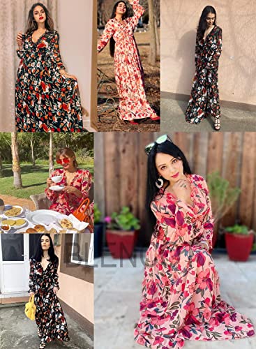 Image of BLENCOT Womens Casual Boho Floral Printed V Neck Long Sleeve Long Maxi Dress Spring Summer Dresses
