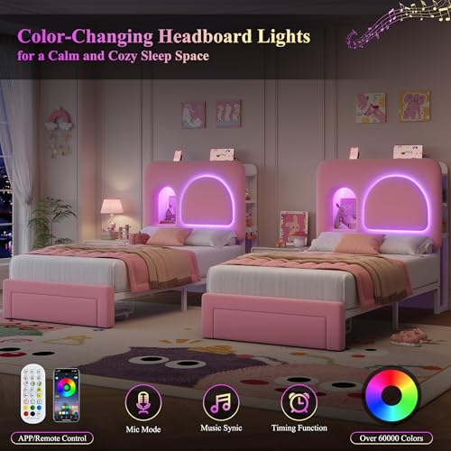 Image of Keyluv Twin Size LED Bed Frame for Girls with Storage Bookcase Headboard&Charging Station, Velvet Upholstered Platform Bed with Large Drawer &USB Ports, Sturdy Metal Support, No Box Spring Need, Pink