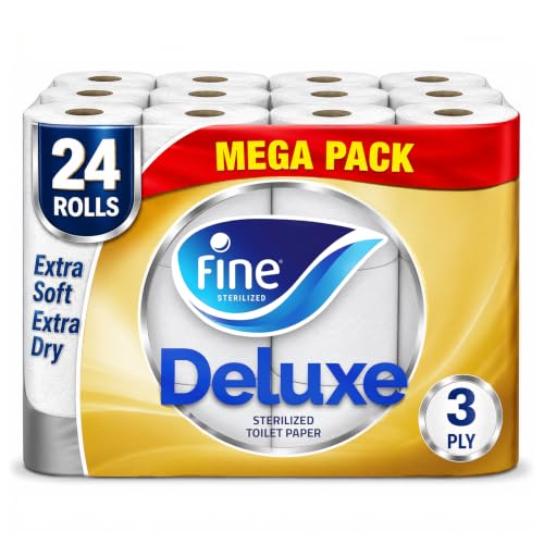 Fine Deluxe Highly Absorbent Sterilized Soft & Strong Flushable Toilet Paper 3 Plies Pack of 24 Rolls. New & Improved