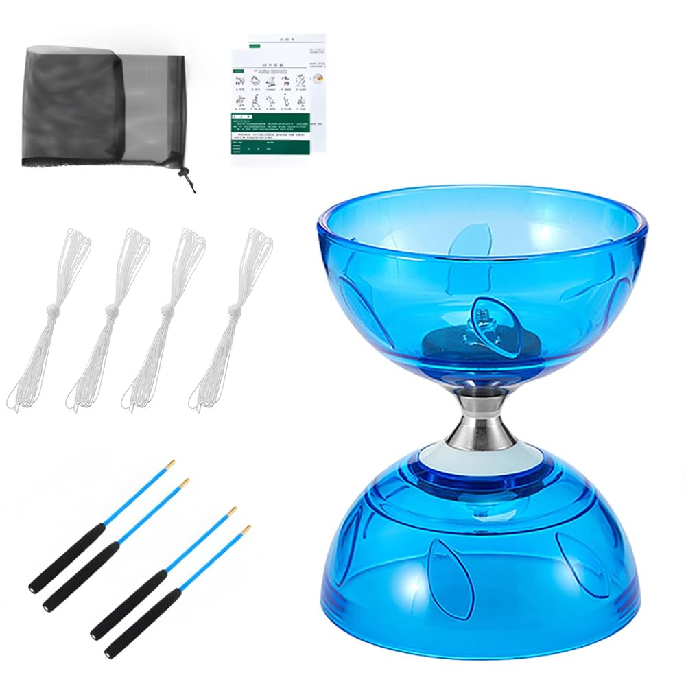 Diabolo, LED Diabolo Roulement à Billes, Kit de Jonglerie Triple Roulement avec 2 Paires de Baguettes à Main + 4 Kits de Cordes de Rechange, pour Débutants Professionnels, Bleu