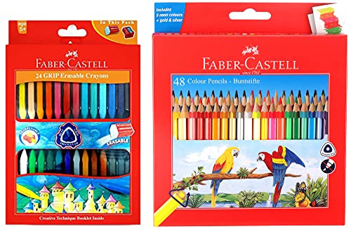 Image of Faber-Castell 48 Triangular Colour Pencils Grip Erasable Crayon Set - Pack of 24 (Assorted)