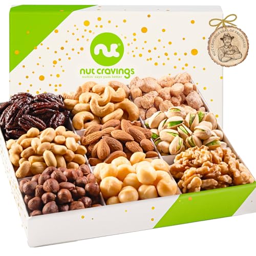 Product Image of the NUT CRAVINGS - Thanksgiving Mixed Nuts Gift Basket in White Gold Box (9 Assortments) Holiday Xmas Christmas Food Arrangement, Healthy Snack Care Package, Food Assortments