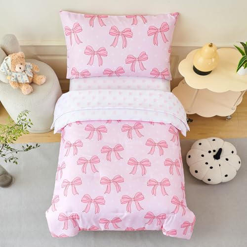 Image of PERFEMET Twin Bedding Sets for Girls 4 Pieces Pink Bow Comforter Set for Kids Teen Soft Lightweight Princess Girly Bed in a Bag with Sheets for All Seasons(Bow, Twin)