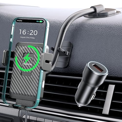 MOKPR Wireless Car Charger, Adjustable Gooseneck Car Mount Auto-Clamping Car Charger, Dashboard [with Anti Shake stabilizer] Phone Holder fit for iPhone 17 16 15 14 13 12, Samsung,with QC 3.0
