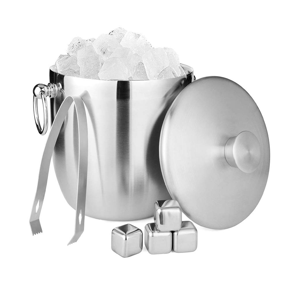 CAREWORX Insulated Stainless Steel Double Walled Ice Bucket with Lid, Strainer and 4 Reusable Ice Cubes