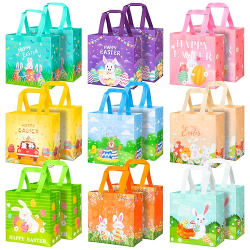 RICEDUO RICEUO 18-Pack Easter Egg Hunt Bags Easter Tote Bags with Handles for Kids Reusable Non-Woven Exchange Gifts Wrapping Bag for Holiday Baskets Egg Hunt Game Party Supplies