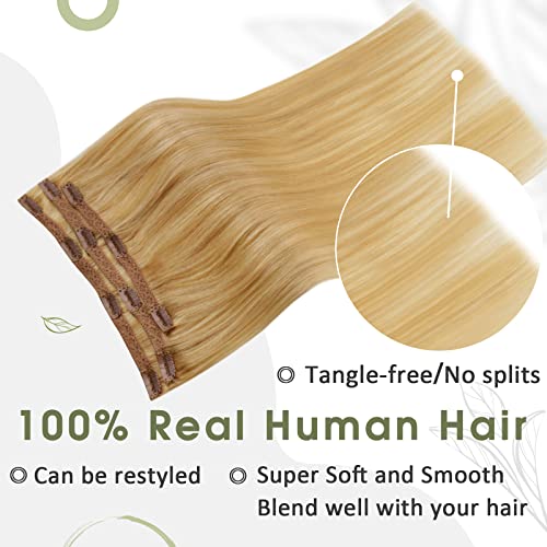 RUNATURE Clip in Hair Extensions Real Human Hair Blonde Highlight with Medium Blonde Clip Extensions Remy Human Hair 14 Inch 3 Pieces/50g #16/24 - Image 4