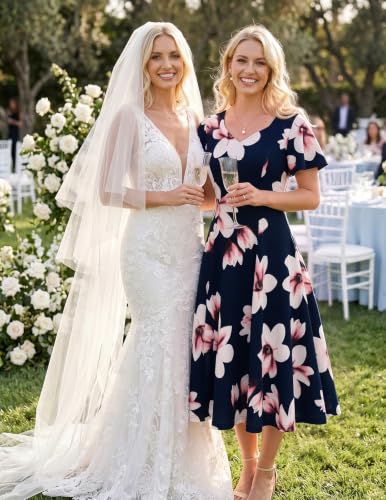 Image of HomRain Wedding Guest Dresses for Women Vintage Short Sleeves Casual Fit and Flare Cocktail Formal Dress for Tea Party