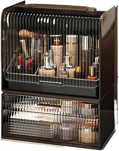 メイクボックス 段スキンケア化粧品オーガナイザー 大型積み重ね可能なクリアメイクアップホルダー クリアカバー化粧品ディスプレイケース スキンケアディスプレイケース 防塵防水 こはくいろ 二段引き出し 大容量収納 防塵カバー付き デスク整理 (ブラック,防塵