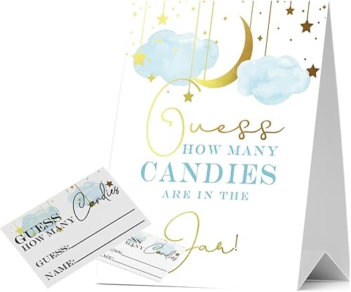 Guess How Many Candies - Juegos de baby shower, paquete de 1 logotipo y 50 tarjetas, estrella dorada y luna, nube azul, letreros de baby shower,
