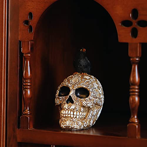 Skull Head Sculpture Crow Decoration, Creative Flowers Skull Desktop Ornament，Skull Collectible For Home Office Desk Supplies. #TOP3