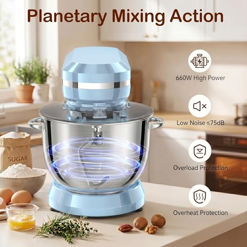 Image of Stand Mixer, 6.5 Quart, 660W, Tilt-Head Food Mixer with 10+ Speeds, Stainless Steel, Multifunctional, for Bread Dough and Cake (Blue)