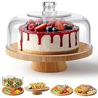 OZD Cake Stand with Dome Lid, 11\" Wooden Cake Stands, 6-1 Multifunctional Cake Holder, Cake Display Serving Tray for Afternoon tea, Wedding, Birthday Party, Baking Gifts