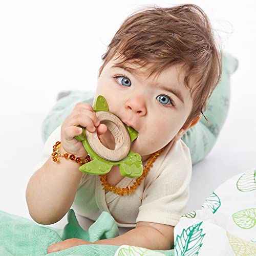 GRÜNSPECHT Bio-Beißtier aus Naturkautschuk mit Holzring, Zahnungshilfe & Spielzeug, massiert Zahnfleisch, BPA frei, fördert Feinmotorik, Schildkröte, grün (689-00), 1 Stück (1er Pack)