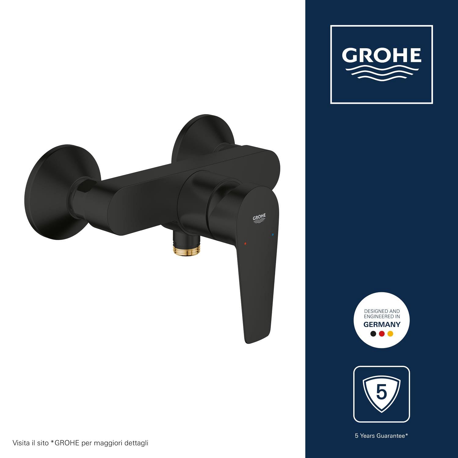 GROHE Start Edge – Miscelatore Doccia a Vista Monocomando (Montaggio a Parete, Cartuccia Ceramica 35 mm, Valvola di Non Ritorno Integrata), Nero Opaco, 24116431