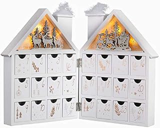 Valery Madelyn 24-Day Christmas Countdown Advent Calendar with LED Lights, Frozen Winter White Wooden House Xmas Decoration for Tabletop, 17.3inch/44cm Long