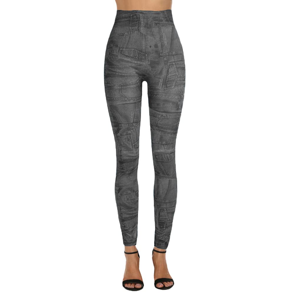 Junhouse Women Ladies Skinny Faux Denim Leggings Jeans Jeggings Fit Classic Stretch Floral Jeans High Waist Pencil Pants Tights Trousers (L,KD Black)