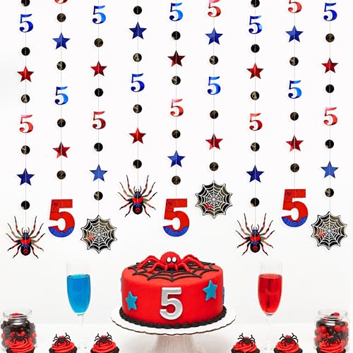Image of 42Ft Spider 5th Birthday Party Decorations Red Blue Stars and Black Spider Web Garland Streamer for Boys 5th Cartoon Spiders Birthday Super Heros Cartoon Bday Party Decor Supplies