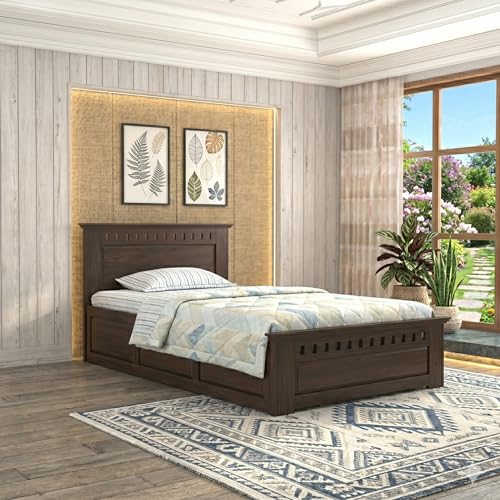 Image of Sheesham Wood Single Size Bed with Box Storage | Solid Wooden Cot Bed | Single COT Furniture for Bedroom Living Room Home - (Dark Walnut Finish) DIY