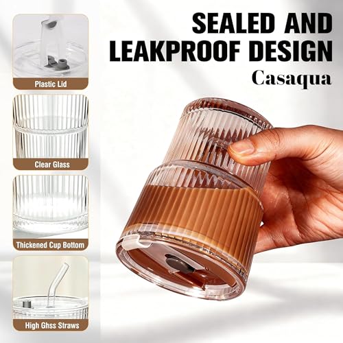 Image of Ribbed Glass Cups with Lids and Straw - 450ml, Set of 1, Iced Coffee Cups, Thickened Glassware Set, Ripple Design Glass Cups for Coffee, Soda, Smoothies, Cocktails and Juice