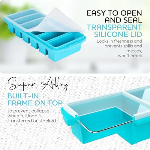Image of Silicone Freezer Tray With Lid-Soup Freezer Container molds-Large Ice Cube Tray Set Makes 2-Cup & 1 /2-Cup portions cubes Perfect for preparing meals in different portion sizes Oven & Dishwasher -Safe