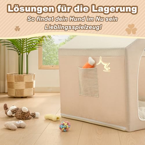 Jiupety Hundehöhle Hundehütte Indoor mit Rahmen, Waschbare, Zusammenklappbare Hundezelt, Hundehaus für Drinnen, Belüftbares Hundebett mit Dach für 4-9 kg, M Größe 43x43x43 cm, Beige