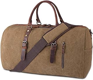 NUBILY Travel Bag for Men Genuine Leather Weekend Bag Duffel Bag Large Overnight Bag with Multi-Pockets Canvas Holdall Vintage Totes Women Brown