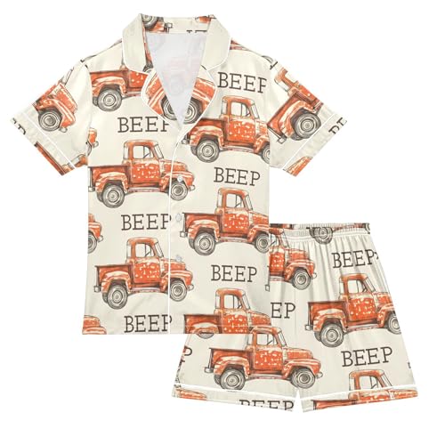 ALAZA Vintage Truck Beep Satin Pajamas Set Short Sleeve Button Down Sleepwear Summer Pjs 2 Piece