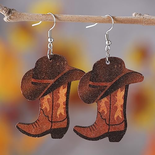 Wooden Cowgirl Dangle Earrings Western Cowboy Cowgirl Hats Wooden Boots Drop Earrings for Women Western Cowgirl Boots Hat Earrings Halloween Earrings Western Country Party Jewelry Gifts3