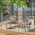 JOIVI 5 Piece Patio Wicker Conversation Set with Ottomans, Outdoor Furniture Bistro Set with Rattan Chairs and Round Side Table for Porch, Balcony, Yard, Gray Cushion
