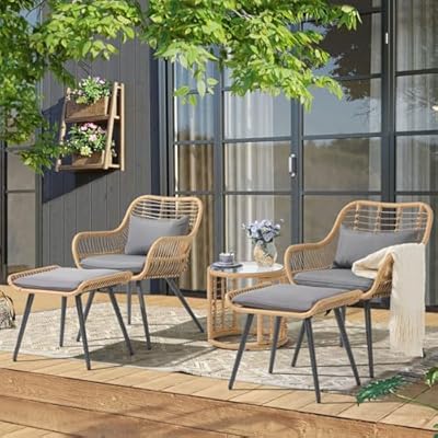 JOIVI 5 Piece Patio Wicker Conversation Set with Ottomans, Outdoor Furniture Bistro Set with Rattan Chairs and Round Side Table for Porch, Balcony, Yard, Gray Cushion