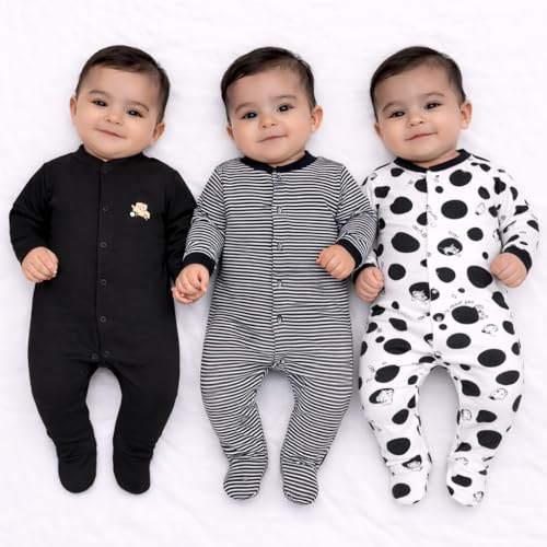 Image of VParents Rompers for New Born Baby Girl & Boy (Pack of 3), 100% Cotton Full Sleeve Romper /Bodysuit /Jumpsuit /Onesies /Sleepsuit for Infants & Toddlers, Comfortable Clothes for Babies